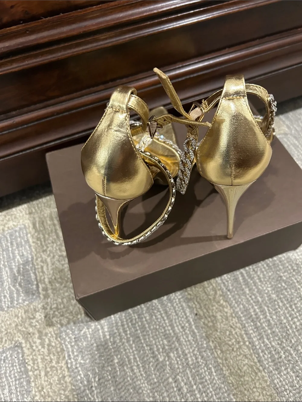 Jessica Gold Rhinestone-Strap Stiletto Sandals